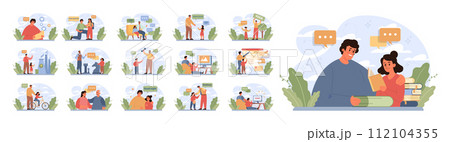 Fatherhood set. Dad and child spending time together. Childhood happiness and positive parenting. Family communication and happiness. Flat vector illustration 112104355