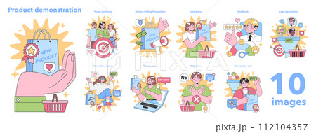 Product Demonstration set. Engaging presentations showcasing new product features to target audiences with interactive and virtual demos. Flat vector illustration. 112104357