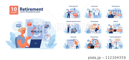 Retirement set. Navigating future finances. Pension plans, 401k, IRA, asset management, and Medicare essentials. Secure your golden years. Flat vector illustration. 112104359