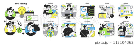 Beta testing technique set. Software testing methodology. IT specialist searching for bugs in code. Website and application development. Flat vector illustration Beta testing technique set. Software testing methodology. IT specialist searching for bugs in code. Website and application development. Flat vector illustration 112104362
