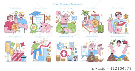 Life's Precious Moments set. Financial planning for education, retirement, vacation, and milestones. Investment in health, business, and independence. Flat vector illustration 112104372