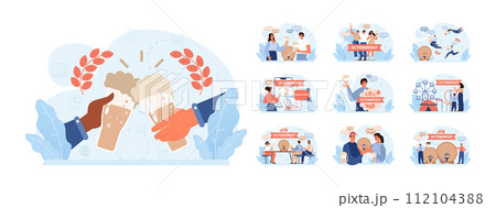 Oktoberfest festival set. Cheerful Bavarian people or tourists. Character holding a full glass of beer with foam. Traditional annual beer carnival in Germany. Flat vector illustration 112104388