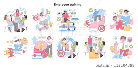 Employee Training set. Diverse teams collaborate and learn. Brainstorming sessions, rocketing aspirations, puzzle solutions. Skill enhancement, success goals. Flat vector illustration Employee Training set. Diverse teams collaborate and learn. Brainstorming sessions, rocketing aspirations, puzzle solutions. Skill enhancement, success goals. Flat vector illustration 112104389