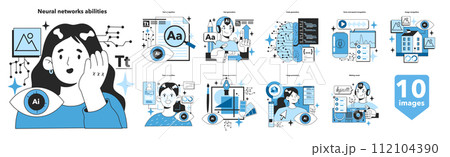 Neural network abilities set. Self-learning computing system processing different types of data. Modern deep machine learning technology. Flat vector illustration 112104390