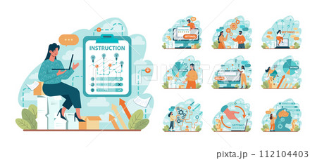 Setting and optimization concept set. Idea of improvement and customization. Charcter adjusting setting interface. Flat vector illustration 112104403