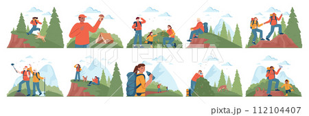 Outdoor camping and hiking set. Character spending time in nature. Families and friends traveling outdoors. Summer adventure in the woods and mountains. Flat vector illustration 112104407