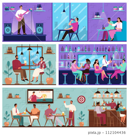 Bar interior. Friend group hanging out in bar or pub drinking alcoholic drinks, talking and listening a live music. Men and women sitting by counter. Nightlife entertainment. Flat vector illustration 112104436