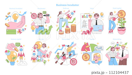 Business Incubator set. Characters navigate startup growth from idea to success. Venture capital, mentorship, equity, and networking moments. Scale-up, pitch, and seed capital. vector illustration Business Incubator set. Characters navigate startup growth from idea to success. Venture capital, mentorship, equity, and networking moments. Scale-up, pitch, and seed capital. vector illustration 112104437