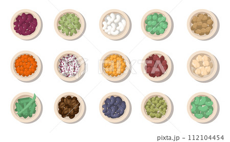 Pulses or legumes in bowels. Natural organic beans top view. Vegetarian salad ingredient full of vitamins. Fat vector illustration 112104454