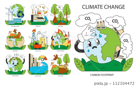 Climate change set. Planet temperature rising and sea level rising due to CO2 emissions. Nature preservation measures. Sustainability goal. Flat vector illustration Climate change set. Planet temperature rising and sea level rising due to CO2 emissions. Nature preservation measures. Sustainability goal. Flat vector illustration 112104472
