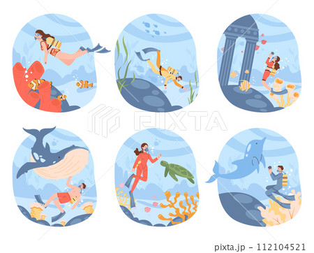 Scuba diving set. Character in diving mask swimming in sea or ocean, observing coral reef. Diver watching marine flora and fauna. Underwater recreational activity or sport. Flat vector illustration. Scuba diving set. Character in diving mask swimming in sea or ocean, observing coral reef. Diver watching marine flora and fauna. Underwater recreational activity or sport. Flat vector illustration. 112104521