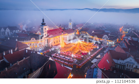 Sibiu, Transylvania - Aerial view of the Christmas, most famous of Romania. 112104536