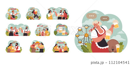 Oktoberfest festival set. Cheerful Bavarian pub worker in a national costume. Character holding a full glass of beer with foam. Traditional annual beer carnival in Germany. Flat vector illustration 112104541