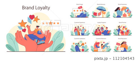 Brand Loyalty set. Illustrating customer satisfaction, experience, and engagement with a brand. Diverse people rating, advocating, and enjoying services. Flat vector illustration Brand Loyalty set. Illustrating customer satisfaction, experience, and engagement with a brand. Diverse people rating, advocating, and enjoying services. Flat vector illustration 112104543