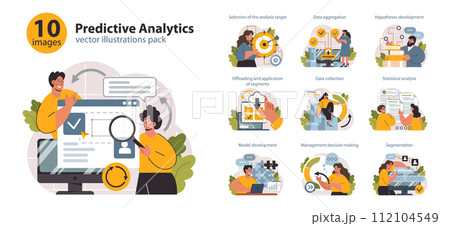 Predictive analytics set. Process of using data to forecast future outcome. Business ideas or decisions development. Character processing big data. Outlook or forecast. Flat vector illustration 112104549