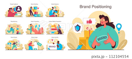 Brand Positioning set. Demonstrates strategies for target audience and value proposition. Showcases repositioning, brand building, and identity. Flat vector illustration 112104554