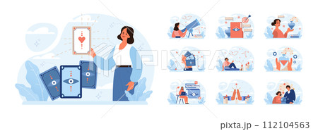 Occultism set. Character performing witchcraft rituals, sorcery and magic. Astrology, tarot fortune-telling and love spelling. Modern and traditional spiritual practises. Flat vector illustration 112104563