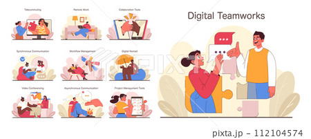 Digital Teamworks concept. Diverse virtual collaboration and management depicted across telecommuting, remote work, and digital tools. Cohesive teamwork in the digital era. Flat vector illustration 112104574