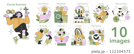 Circular Economy set. Sustainable living, innovative recycling concepts. Eco-friendly resource management, waste reduction. Flat vector illustration 112104575