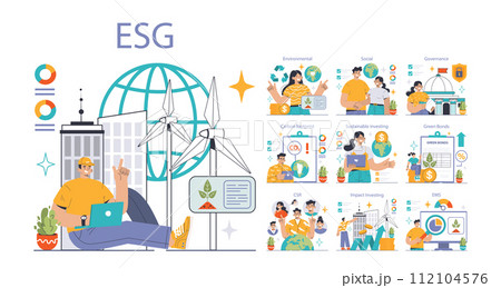 ESG set. Exploring Environmental, Social, Governance factors. Carbon footprint, sustainable investing, green bonds. Corporate social responsibility. Impact on businesses. Flat vector illustration ESG set. Exploring Environmental, Social, Governance factors. Carbon footprint, sustainable investing, green bonds. Corporate social responsibility. Impact on businesses. Flat vector illustration 112104576
