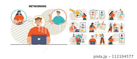 Networking concept set. Employees collaboration, establishment of partnerships working through the internet. Office characters posting and sharing ideas or content online. Vector flat illustration Networking concept set. Employees collaboration, establishment of partnerships working through the internet. Office characters posting and sharing ideas or content online. Vector flat illustration 112104577