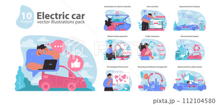 Electric car set. Advancing eco-friendly transport solutions. Showcasing renewable energy benefits, sustainable driving innovations. Flat vector illustration. Electric car set. Advancing eco-friendly transport solutions. Showcasing renewable energy benefits, sustainable driving innovations. Flat vector illustration. 112104580