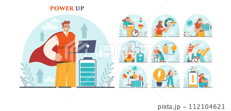 Power up concept set. Energetic character with enthusiasm. Vital energy, strength, inspiration and aspiration idea. Recharge or retreat. Flat vector illustration 112104621