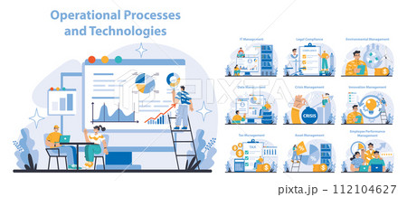Operational processes and technologies set. Diverse business activities and system management. Cohesive work environment, strategic planning. Flat vector illustration. Operational processes and technologies set. Diverse business activities and system management. Cohesive work environment, strategic planning. Flat vector illustration. 112104627