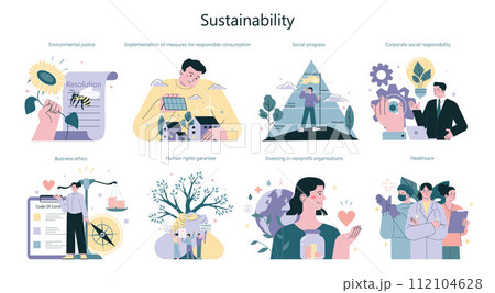 Sustainability concept set. Responsible consumption, environmental protection and social responsibility. Corporate ethics, human rights and healthcare development. Flat vector illustration Sustainability concept set. Responsible consumption, environmental protection and social responsibility. Corporate ethics, human rights and healthcare development. Flat vector illustration 112104628
