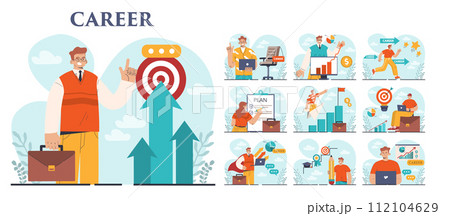 Career development set. Employee qualification increase and skills improvement. Professional growth towards a goal. Confindent employee achieved success. Flat vector illustration Career development set. Employee qualification increase and skills improvement. Professional growth towards a goal. Confindent employee achieved success. Flat vector illustration 112104629
