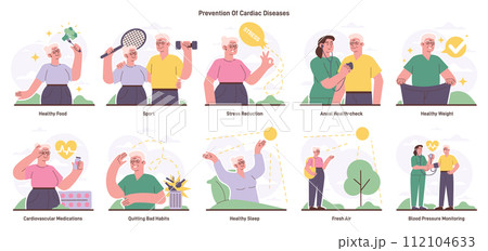 Cardiac disease prevention tips for seniors set. Cardiovascular health and risk management. Healthcare and prophylactic measures to reduce the risk of heart diseases. Flat vector illustration 112104633