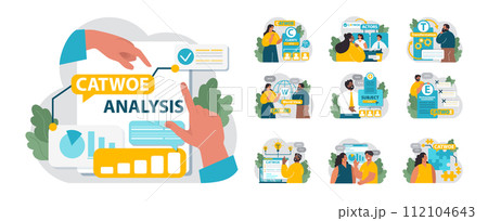 CATWOE technique set. Modern approach to understanding the various perspectives of a business challenge. Mnemonic checklist for problem identification and solving. Flat vector illustration 112104643