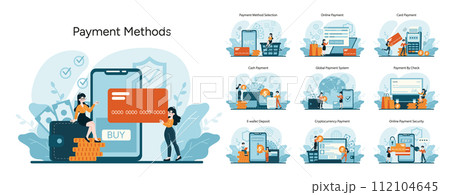 Payment Methods concept. Diverse transaction options for consumers. Digital, NFC, cash, global systems, checks, e-wallets, cryptocurrency, secure online processes. Flat vector illustration 112104645