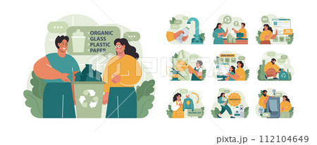 Conscious consumption set. Character with eco-friendly life-style. Sustainable practice in the daily life. Zero waste and recycling. Flat vector illustration Conscious consumption set. Character with eco-friendly life-style. Sustainable practice in the daily life. Zero waste and recycling. Flat vector illustration 112104649