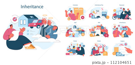 Inheritance set. Estate planning, tax considerations, and executor duties. Testament administration, property transferring paper. Flat vector illustration. Inheritance set. Estate planning, tax considerations, and executor duties. Testament administration, property transferring paper. Flat vector illustration. 112104651
