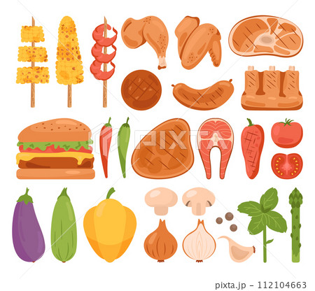 Barbecue set. Grilled food for BBQ party or summer picnic. Steak, chicken, sausages, vegetables, roasted meat, salmon steak and shrimps on a skewer and seasonings. Flat vector illustration 112104663