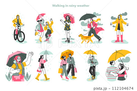 Characters under the rain set. Rainy and cloudy weather in summer or spring. People under umbrellas, in raincoat, walking outdoor. Flat vector illustration 112104674