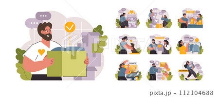 Charity set. Volunteers community take care of people in need. Idea of care and humanity. Humanitarian aid and donations for poor people support. Flat vector illustration 112104688