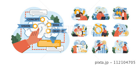 Creative Thinking set. Nurturing unique ideas, brainstorming sessions, and strategic planning. People interacting with charts, engaging with technology, and problem solving. Flat vector illustration 112104705