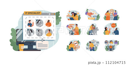 Dismissal of IT specialists set. Mass layoffs of internet technolgy employee due to financial crisis. Overheated labor market. Flat vector illustration 112104715