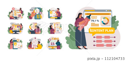 Marketing campaign set. Brand or product advertising with entertaining and engaging content. Character developing and following a content plan in social media and website. Flat vector illustration 112104733