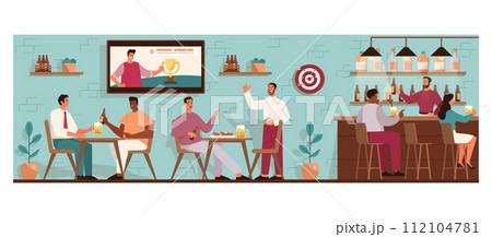 Beer bar interior. Friend group hanging out in a pub drinking beer, talking and watching a sport game. Men and women sitting by counter. Nightlife entertainment. Flat vector illustration Beer bar interior. Friend group hanging out in a pub drinking beer, talking and watching a sport game. Men and women sitting by counter. Nightlife entertainment. Flat vector illustration 112104781