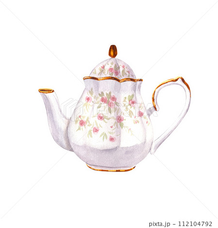 Porcelain ceramic white teapot with a pattern of roses and gold classic style. Watercolor hand-drawn illustration isolated on white background. Perfect for recipe lists with drinks, brochures for cafe 112104792