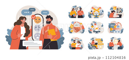 Inclusion at Work set. Professionals collaborate on projects, promote equality, and support colleagues. Celebrating diversity, ensuring accessibility. Team discussions, mutual respect. Flat vector 112104816
