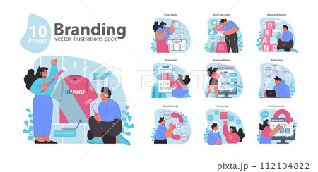 Branding set. Crafting corporate identity through design. Strategies for market presence. Essential elements for company recognition. Flat vector illustration. 112104822