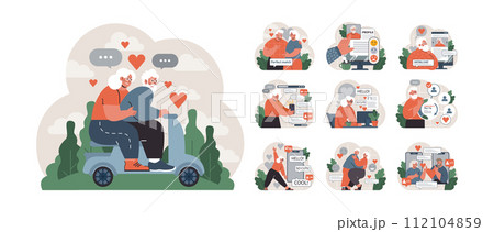 Elderly love set. Seniors exploring online dating, expressing affection, and enjoying quality time. Digital communication, mature romance, and cherished moments. Flat vector illustration Elderly love set. Seniors exploring online dating, expressing affection, and enjoying quality time. Digital communication, mature romance, and cherished moments. Flat vector illustration 112104859