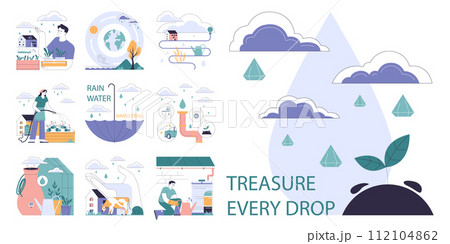 Rainwater harvesting set. Sustainable practice of urban water preservation and its use in gardening and farming. Natural water cycle. Flat vector illustration Rainwater harvesting set. Sustainable practice of urban water preservation and its use in gardening and farming. Natural water cycle. Flat vector illustration 112104862