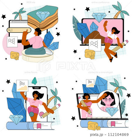 Mineralogist online service or platform set. Scientist studying natural stone and mineral structure in the microscope. Online forum, conference, contacts, website. Flat vector illustration 112104869