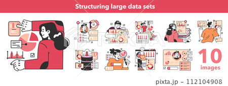 Bid data structuring set. Data science and optimization for machine learning and server efficiency. Big data filtering and analysis. Chart and graph, diagram research. Flat vector illustration Bid data structuring set. Data science and optimization for machine learning and server efficiency. Big data filtering and analysis. Chart and graph, diagram research. Flat vector illustration 112104908