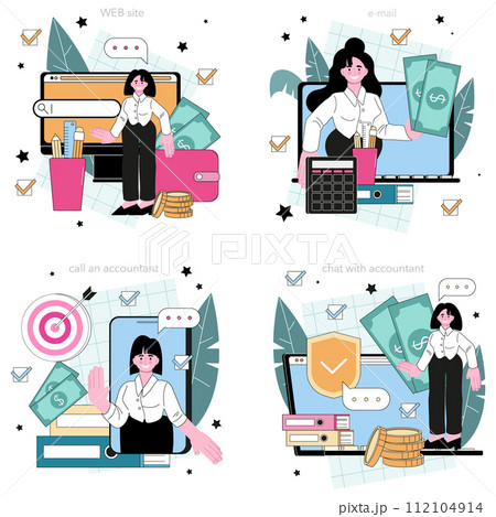 Accountant online service or platform set. Office manager making income and expenses operations, managing a corporate budget. Online call, chat, e-mail, website. Flat vector illustration 112104914